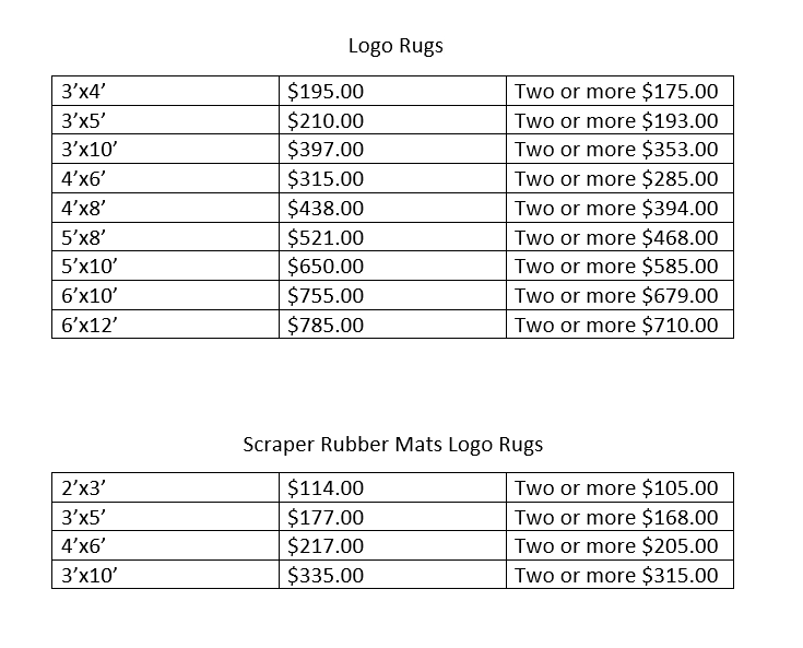 custom mat and rug pricing table
